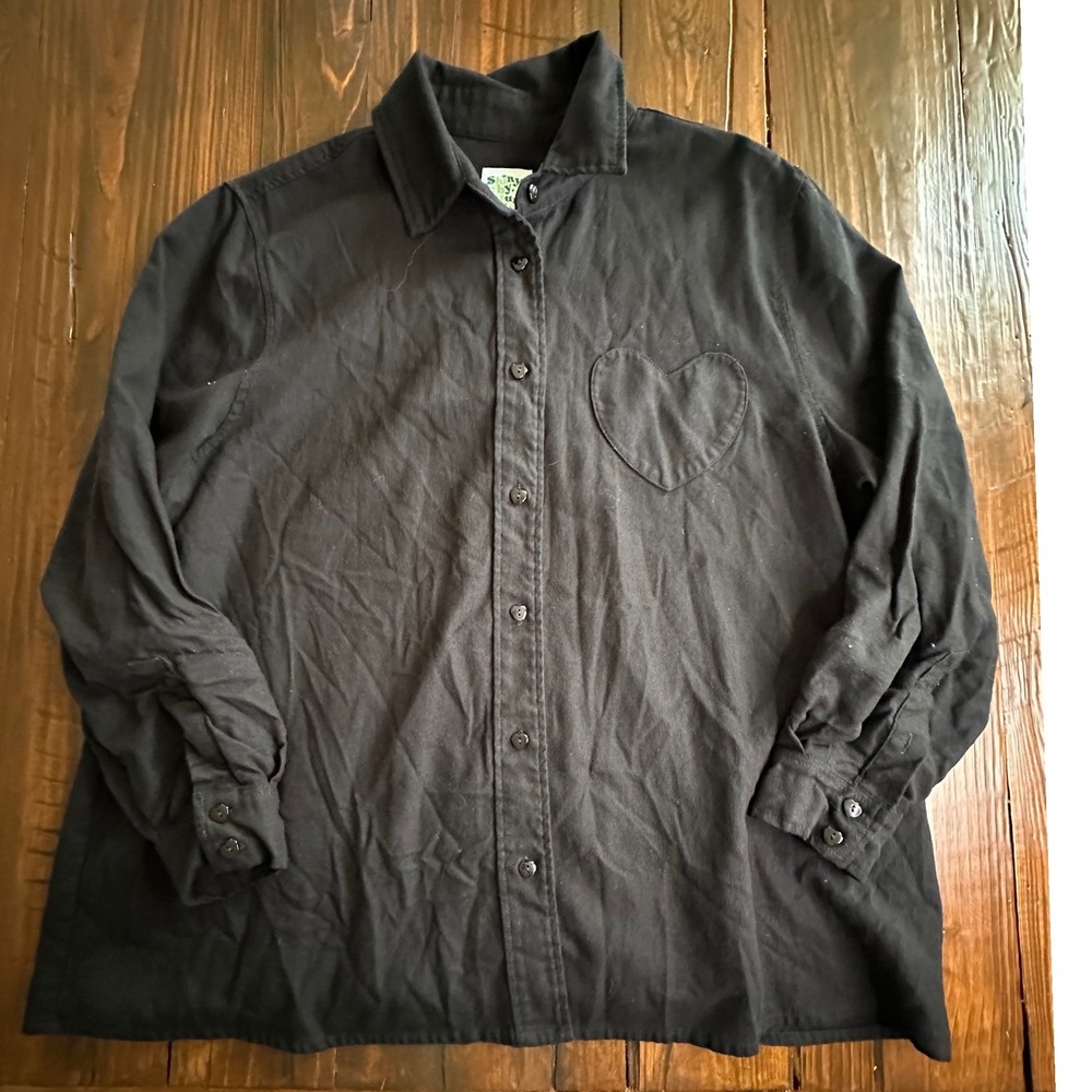 Shiny by Nature Black Linen Cotton Heart Button Down Shirt Large